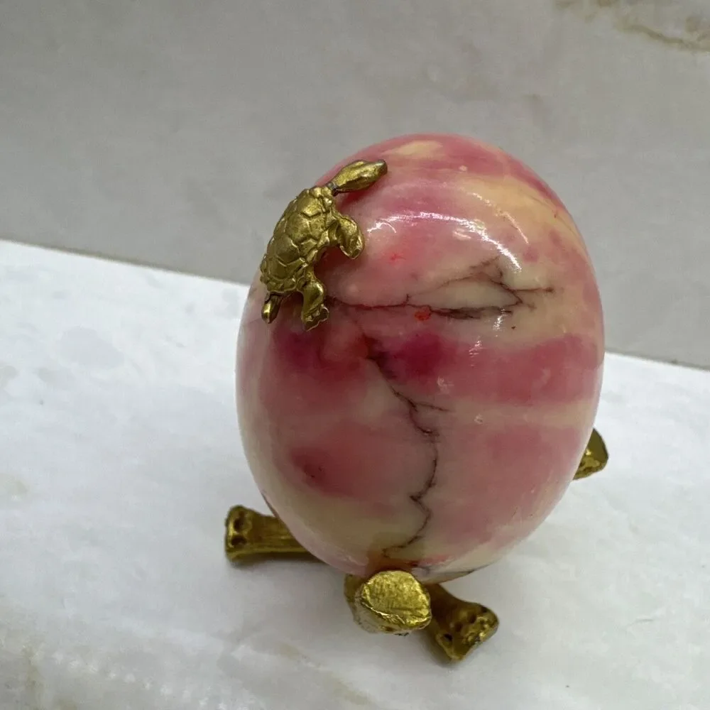 Vintage Polished Natural Stone Egg Pink Hue & Brown Yello Veins w/ Stand Turtle